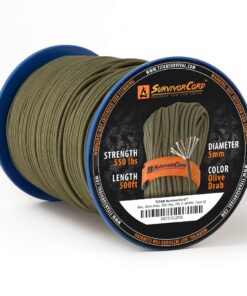 620 LB SurvivorCord Hank, Paracord 550 Type III, Military Grade, Heavy Duty Paracord with 3 Survival Strands, Cordage for Camping, with Survival Firestarter. Olive Drab (500 Ft Spool) 500.0 Feet