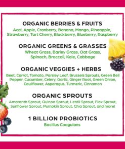 Orgain Organic Greens Powder + 50 Superfoods, Berry - 1 Billion Probiotics for Gut Health, Antioxidants, Vegan, Plant Based, Gluten Free, Non GMO, Dairy Free Juice & Smoothie Mix - 0.62lb 20 Servings (Pack of 1) 19 71bkDZrAeuL