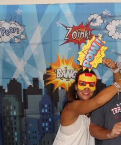 Superheroes Theme Party Photography Backdrop with Prop, Flag & Mask. Super Hero Cityscape Photo Booth Background for Kids Party, Birthday Wall Decorations 4*5.5 feet 27 71bkt9mjq6L