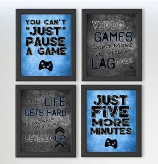 You Can't Just Pause A Game - Video Gamer Themed Wall Art Decor Prints for a Gaming Room (Set of 4) Poster Sign Blue Black Grey Bedroom