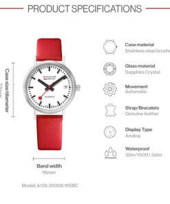 Mondaine - Classic Automatic A128.30008.16SBC - Mens and Womens Watch 33mm - Official Swiss Railways Wrist Watch Date Red Leather Strap 30m Waterproof Sapphire Crystal - Made in Switzerland 8 71c3CX4C6KL