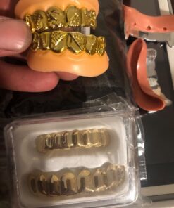 LuReen 8 Teeth Grillz 14k Gold Top and Bottom Grills Set Shiny Hip Hop Teeth Grillz + Extra Molding Bars for Halloween Costume Cosplay 19 71c5ditpGqL