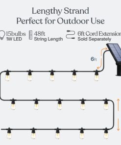 Brightech Ambience Pro Solar Powered Outdoor String Lights, 48 Ft Commercial Grade Waterproof Patio Lights, 15 Edison Bulbs, Shatterproof LED Chirstmas Solar String Lights - 1W LED, Soft White 48 Feet 26 71c88QH6EkL
