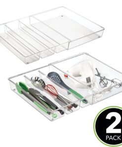 mDesign Plastic Adjustable/Expandable Divided Drawer Storage Organizer with 4 Compartments for Kitchen Pantry, Cupboard, Cabinet, Hold Silverware, Utensils, Cutlery - Ligne Collection - 2 Pack - Clear 4 Compartment Expandable Pack of 2 17 71c9xT9ZXPL