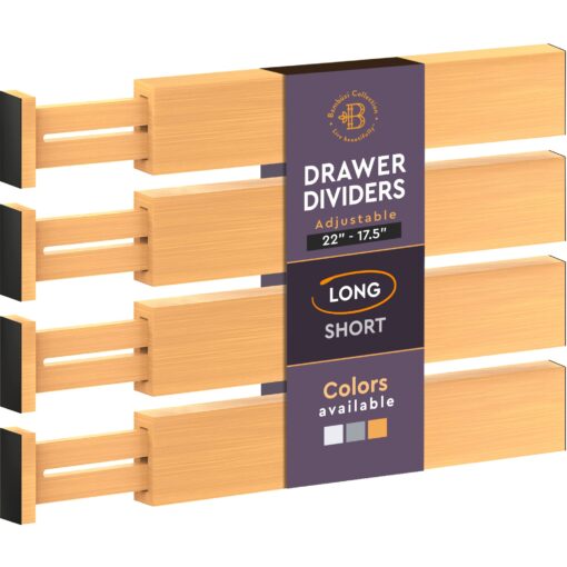 Large Kitchen Drawer Organizer - Expandable Bamboo Drawer Dividers (17.5" - 22") - Adjustable Separators for Kitchen, Clothes, Dresser, Bedroom, Bathroom, and Desk Drawers - 4 Pack (Natural) Natural