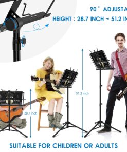 Music Stand, Kasonic 2 in 1 Dual-Use Folding Sheet Music Stand & Desktop Book Stand, Portable and Lightweight with Music Sheet Clip Holder & Carrying Bag Suitable for Instrumental Performance (Black) Black 42 71cVOxj5F1L 1