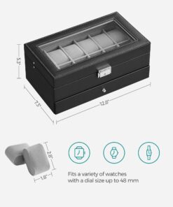 SONGMICS 12-Slot Watch Box, Lockable Watch Case with Glass Lid, 2 Layers, with 1 Drawer for Rings, Bracelets, Gift Idea, Black Synthetic Leather, Gray Lining UJWB012 Black + Gray 12 Slot 29 71cZw2R79UL