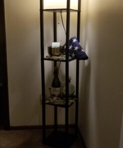 Floor Lamp with Shelves - Room Light by LIGHTACCENTS - Corner Storage Standing Bookshelf Lamp - Bedroom Light with Wooden Storage Shelves and White Cotton Linen Shade (Black) Black 44 71ciFd2VihL