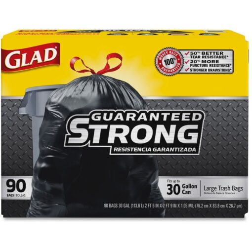 GLAD 70313 Drawstring Outdoor 30-Gallon Trash Bags, 1.05 Mil, 30" x 33", Black (Pack of 90)