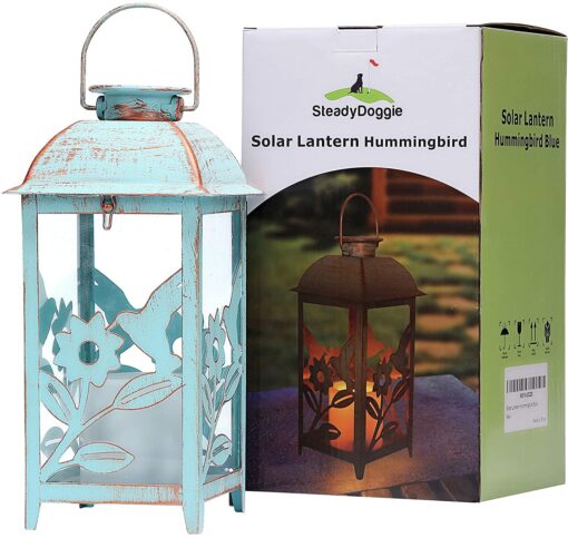 Solar Lantern Outdoor Hummingbird Blue Decor Antique Metal and Glass Construction Mission Solar Garden Lantern Indoor and Outdoor Solar Hanging Lantern Entirely Solar Powered Lantern Low Maintenance 1 Pack