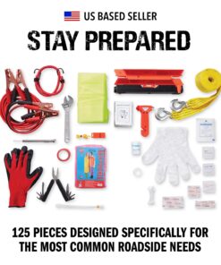 Always Prepared Premium (125 Piece) Roadside Emergency Car Kit – with Jumper Cables – All-in-One Auto Safety and First Aid Kit – Travel Safety for Women, Men, and College Kids – Roadtrip Essentials Premium Roadside Kit 28 71d7GsPMszL