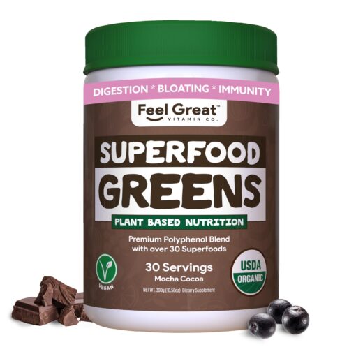 Feel Great Super Greens - USDA Organic Greens Powder to Support Gut Health, Reduce Bloat, Boost Immunity, Promote Healthy Skin - Fruits & Veggies, Probiotics & Digestive Enzymes. Adult Mocha