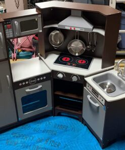 Amazon Basics Kids Corner Wooden Kitchen Toy Playset with Stove, Oven, Sink, Fridge and Accessories, for Toddlers, Preschoolers, Children Age 3+ Years, Espresso/Gray, 39.37"L x 28.35"W x 35.04"H Corner Kitchen 46 71dDU6qMoL