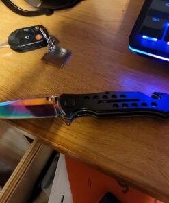 TAC Force Spring Assisted Folding Pocket Knife – Rainbow TiNite Coated Drop Point Blade and Liner, Black Aluminum Handle w/ Rope Cutter, Glass Punch, and Clip, Tactical, EDC, Rescue - TF-509 4.75 inch 32 71dHq96IHqL