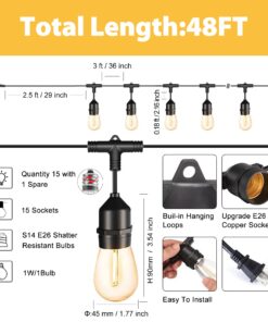 Alternative view of Foxlux String Lights - 48 ft LED Outdoor String Lights - Shatterproof, Waterproof Pergola Lights - 15 Hanging Sockets, Light Sensor, Edison Bulbs - Decor for Patio, Backyard, Garden, Bistro