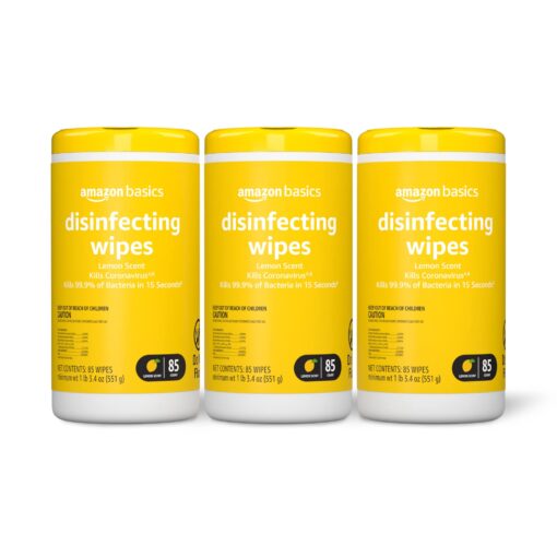 Amazon Basics Disinfecting Wipes, Lemon Scent, for Sanitizing, Cleaning & Deodorizing, 255 Count (3 Packs of 85) (Previously Solimo) 85 Count (Pack of 3) 3 Pack Lemon