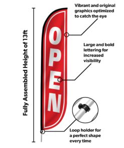 LookOurWay Feather Flag Set - 12 Feet Tall Advertising Flag Banner with Fiberglass Pole Kit and Rotating Ground Spike for Business Promotion - Grand Opening Theme - Open Red and White Red/White 8 71do6DPjgfL