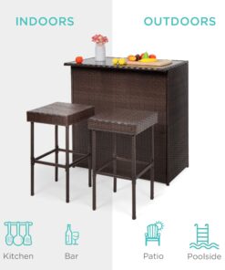 Best Choice Products 3-Piece All-Weather Wicker Bar Table Set for Indoor Outdoor, Kitchen, Patio, Backyard w/ 2 Stools, Glass Tabletop, Storage Shelves - Brown 21 71doBxZZZoL