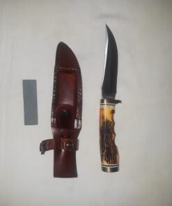 Uncle Henry 153UH Golden Spike Fixed Blade Knife with 5in High Carbon S.S. Blade, Staglon Handle, Sharpening Stone, Full Tang, and Leather Sheath for Hunting, Skinning, Camping, and Outdoors 153UH Golden Spike (Box) 33 71eF70RlVXL