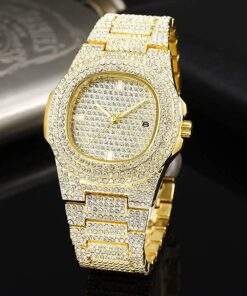 FANMIS Luxury Unisex Bling Iced Out Gold Watch Fashion Simulated Diamonds Analog Display Calendar Japanese Quartz Watch 12 71eTRGhen1L