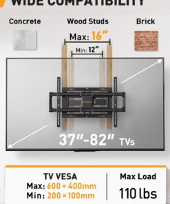 Perlegear UL Listed Full Motion TV Wall Mount for Most 37–82 inch Flat Curved TVs up to 110 lbs, 12″/16″ Wood Studs, Bracket with Articulating Arms, Swivel, Tool-Free Tilt, Max VESA 600x400mm 19 71eXn5QZw4L