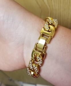 Mens Womens Cuban Link Bracelet Hip Hop Bracelet Stainless Steel Chain Bracelet Iced Out Curb Cuban 18k Gold Plated Bracelet With Clear Rhinestones (A-Gold) 40 71eaMuU7AjL