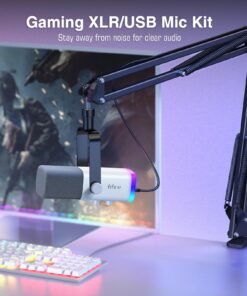 Alternative view of FIFINE Gaming XLR/USB Microphone Kit, Streaming Dynamic Mic Set for PC, Computer Mic for Vocal Podcast Recording Voiceover, with Headphones Jack, Gain Knob, Arm Stand-AmpliGame AM8T White