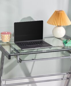 Walker Edison Metal and Glass Work From Home Laptop Computer Gaming Desk with Slide In Keyboard Tray Home Office, 31 Inch, Silver Single Desk Stanford 37 71ekNakz0L
