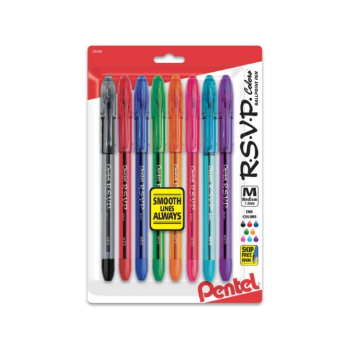 Pentel® R.S.V.P.® Ballpoint Pens, Medium Point, 1.0 mm, Clear Barrel, Assorted Ink Colors, Pack Of 8 8 Pack