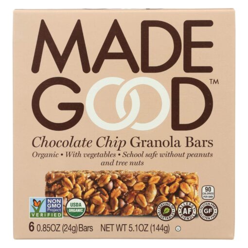 MadeGood Granola Bars, Chocolate Chip, Good Source of Vitamins C & D, No Artificial Colors or Flavors, Vegan Friendly, Kosher, USDA Certified Organic, Gluten Free & Non-GMO, 5.1 Ounce (Pack of 6)