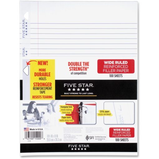 Five Star Loose Leaf Paper, Notebook Paper, Wide Ruled Filler Paper, Reinforced, 8 x 10.5, 100 Sheets (15000) 1 Pack