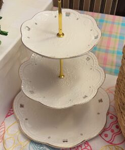 BonNoces 3-Tier Porcelain Embossed Cupcake Stand - Pure White Rimmed with Gold Dessert Cake Stand - Pastry Serving Tray Platter for Tea Party, Wedding and Birthday 42 71fDXs9WvVL