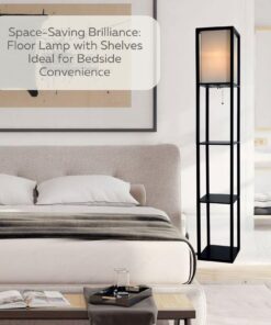 Floor Lamp with Shelves - Room Light by LIGHTACCENTS - Corner Storage Standing Bookshelf Lamp - Bedroom Light with Wooden Storage Shelves and White Cotton Linen Shade (Black) Black 29 71fNUYkCdjL