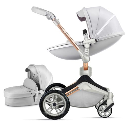 Hot Mom Baby Stroller 360 Degree Rotation Function, Pu Leather Baby Bassinet and Seat Combo Pushchai & Pram, F023 Grey