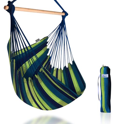 Hammock Sky Large Brazilian Hammock Chair Cotton Weave - Extra Long Bed - Hanging Chair for Yard, Bedroom, Porch, Indoor/Outdoor (Blue & Green) Blue & Green (Not Include Hanging Kit)