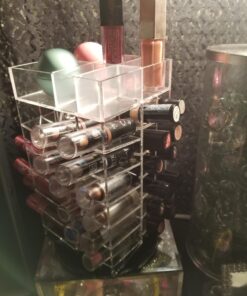 Ikee Design Premium Acrylic Rotating 64 Cosmetic Lipstick Organizer Tower,Lipgloss Stand with Removable Dividers, 360 Degree Spinning Lipstick Display Tower,4 1/2 W x 4 1/2 D x 9 1/8 H in Clear 36 71gcreLl3VL