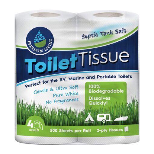 Freedom Living Septic Tank Safe Toilet Tissue (2-Ply, 4 Rolls, 500 Sheets each) For RV, Camping & Marine, Biodegradable,-Natural Alternative to Septic System Treatment Chemicals, Cleaner 4 Count (Pack of 1)