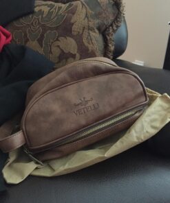 Vetell Classic Men's Leather Toiletry Bag and Dopp Kit with Upper and Lower Zippered Compartments, 2 Mesh Bottle Pouches, and Carrying Handle - The Best Gift for Men. 56 71gyJ7PVw5L