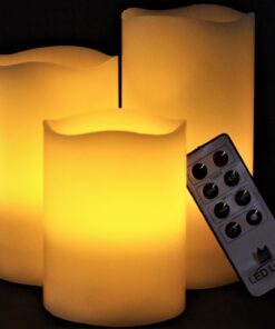LED Lytes Timer Remote Control Flameless Candle Set, 3 Flickering Candles, 3 in Wide by 4, 5, 6 in Tall, Real Ivory Wax and Amber Flame, Home Decor, Large Battery Powered for Gifts for Mom Round Ivory Wax and Amber Flame 28 71h6n96EnLL