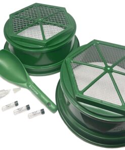 Gold panning kit for gold prospecting; 11 pc set + Bonus includes 3 gold pans; 2 gold classifiers; paydirt scoop small plastic gold shovel; snuffer bottle; black sand gold magnet and Gold Fever book! 9 71hBkPOCCL