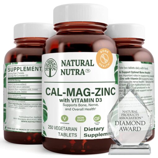 Natural Nutra Calcium Magnesium Zinc Supplement with Vitamin D3 for Bone Strength, Health, Gluten Free and Sugar-Free, Essential Mineral Complex, 250 Count (Pack of 1) 250 Count (Pack of 1)