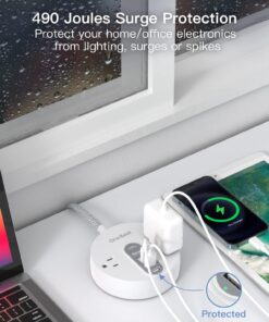 Power Strip Surge Protector with USB C - Extension Cord Flat Plug with 2 Widely AC Outlet and 3 USB, Small Desktop Charging Station with 5 ft Power Cord, Compact for Travel, Home and Office (490J) White 20 71hWSaWkTL