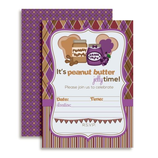 Peanut Butter Jelly Time Birthday Party Invitations, 20 5"x7" Fill In Cards with Twenty White Envelopes by AmandaCreation