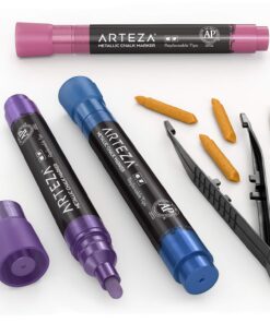 ARTEZA Liquid Chalk Markers Set of 8, Metallic Colors for Chalkboard, Blackboard, Glass, Mirror, Window, Restaurant Menu, and Classroom, Includes 8 Replaceable Chisel Tips, Tweezers, Labels, Stencils 18 71hiOZ0qArL