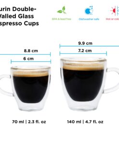 GROSCHE Turin Double Wall Glass Espresso Cups WITH HANDLES - Insulated Glass Cappucino Mugs - Clear Mug - Double Walled Latte Cup - Espresso Mugs (2.35 fl oz - Set of 2) With handle 1 EA 14 71hpvzwrEL