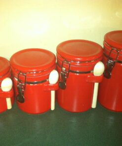 Canister Sets For The Kitchen (4 Piece Set) Red, High Gloss Ceramic | By Home Basics | Decorative | With Wooden Spoons, Countertop Set For Flour, Sugar, Coffee, and Snacks 38 71hwOWpwiuL