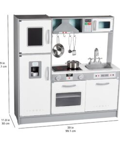 Amazon Basics Kids Upright Wooden Kitchen Toy Playset with Stove, Oven, Sink, Fridge and Accessories, for Toddlers, Preschoolers, Children Age 3+ Years, White & Gray, 39"L x 11.8"W x 39'H' Upright Kitchen 25 71iEz8sto7L 1