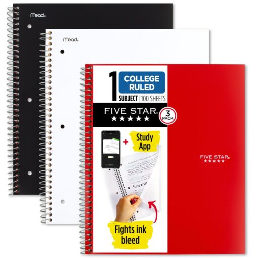 Five Star Spiral Notebooks + Study App, 3 Pack, 1 Subject, College Ruled Paper, Pockets, 100 Sheets, Home School Supplies for College Student or K-12, 11” x 8-1/2", Black, White & Red (73055) Black, White, Red