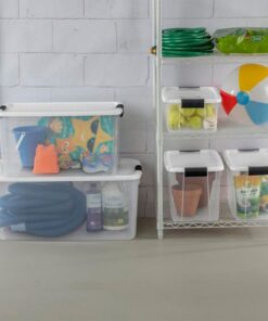 Sterilite 70 Qt Ultra Latch Box, Stackable Storage Bin with Latching Lid, Organize Clothes, Sport Gear in Basement, Clear with White Lid, 4-Pack 70 Quart 30 71iUPLWaWIL