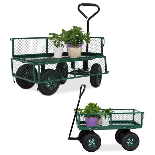 kinbor Utility Wagon Cart - Rolling Steel Garden Cart with Handle, Wheels, and Removable Sides for Garden, Farm, Yard, Heavy Duty 650 lbs Capacity, Green